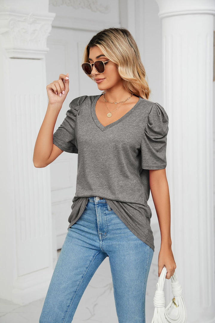 Grey Puff Sleeves V Neck Top