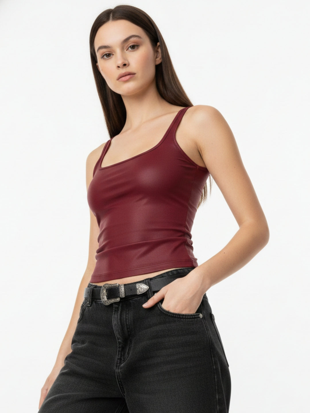Burgundy Shoulder Strap Square Neck Tank