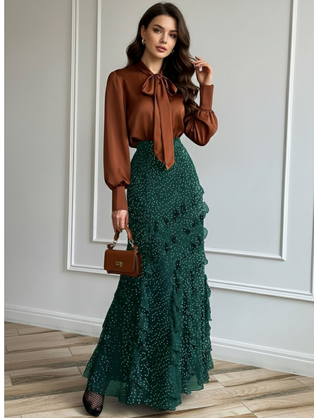 Green Tiered Maxi Skirt With Ruffles Detailing