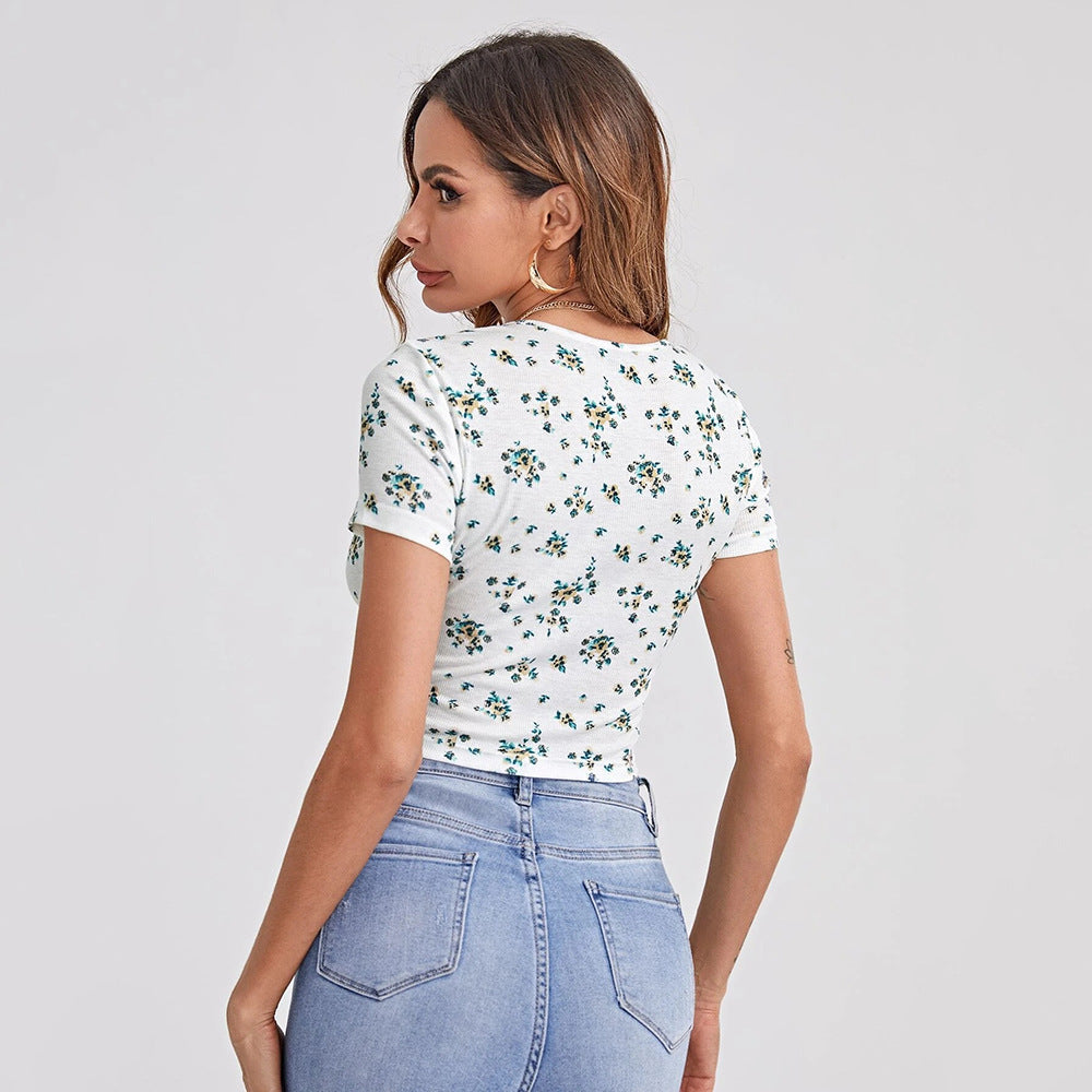 White Short Sleeve Printed Crop Top