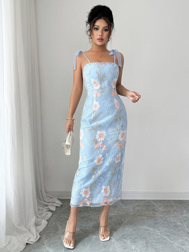 Blue Shoulder Tie Up Embroidered Dress