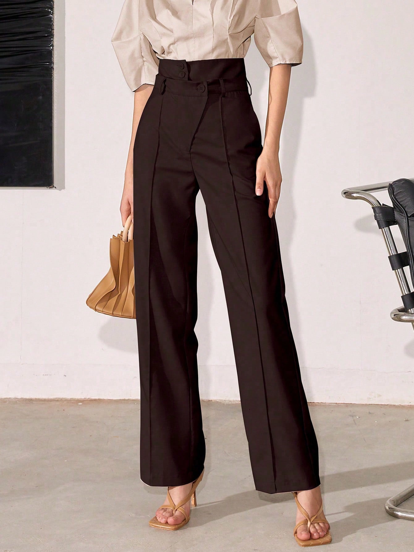 Brown High Waist Side Button Pant