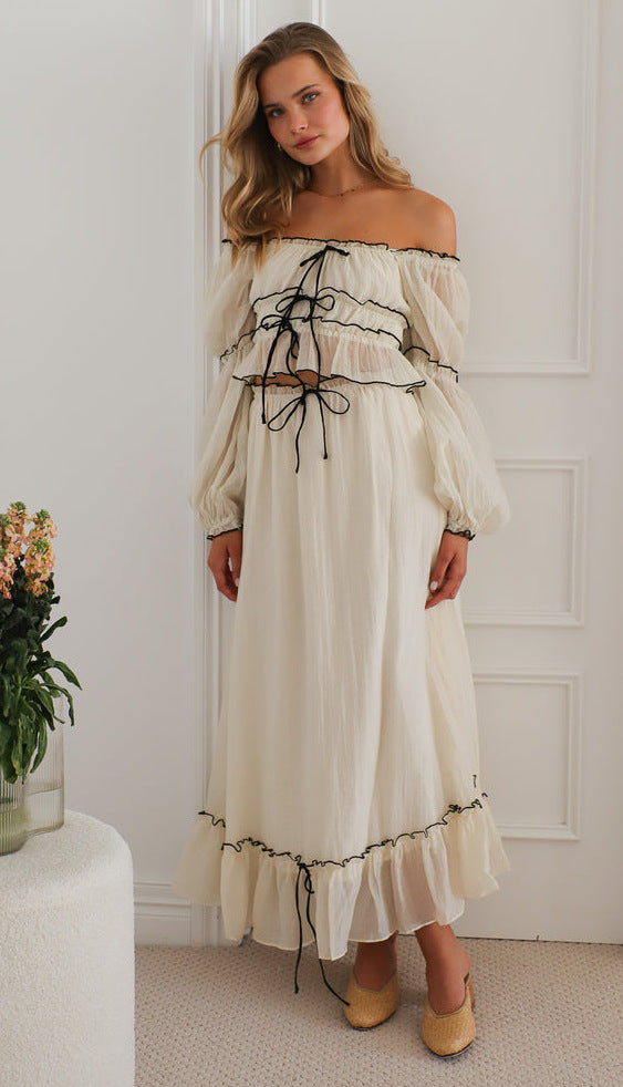 Cream Off-Shoulder Top And Skirt Co-Ord Set