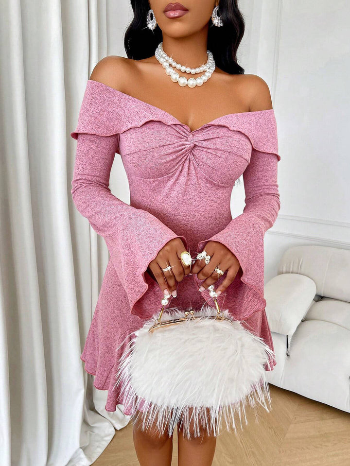 Lavender Off-Shoulder Gazetted Dress