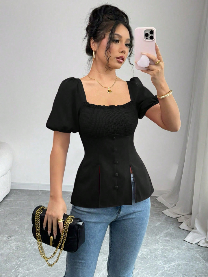 Black Puff Sleeve Square Neck Slit Top