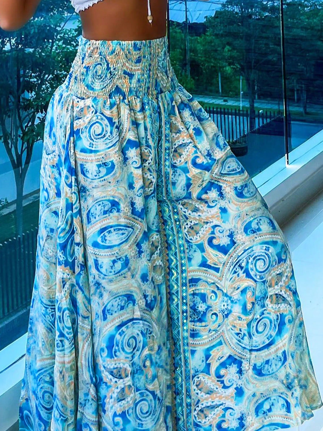 Blue Printed Waist Fitted Trousers