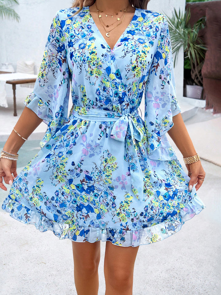 Blue V-Neck Bell Sleeves Mini Dress