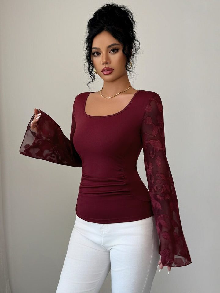 Wine Scoop Neck Top With Lace Bell Sleeves