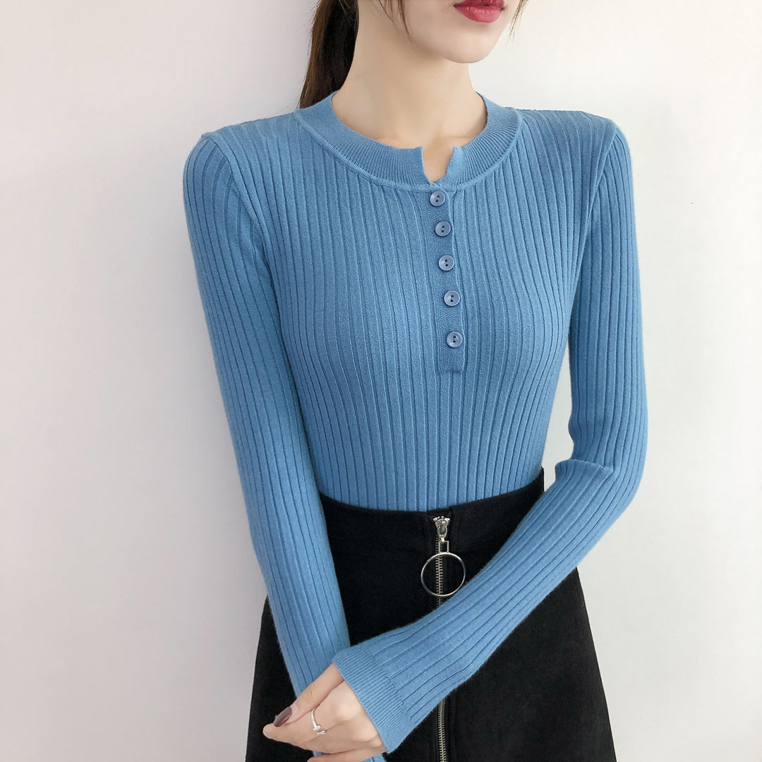 Blue Full Sleeve Crew Neck Buttoned Top