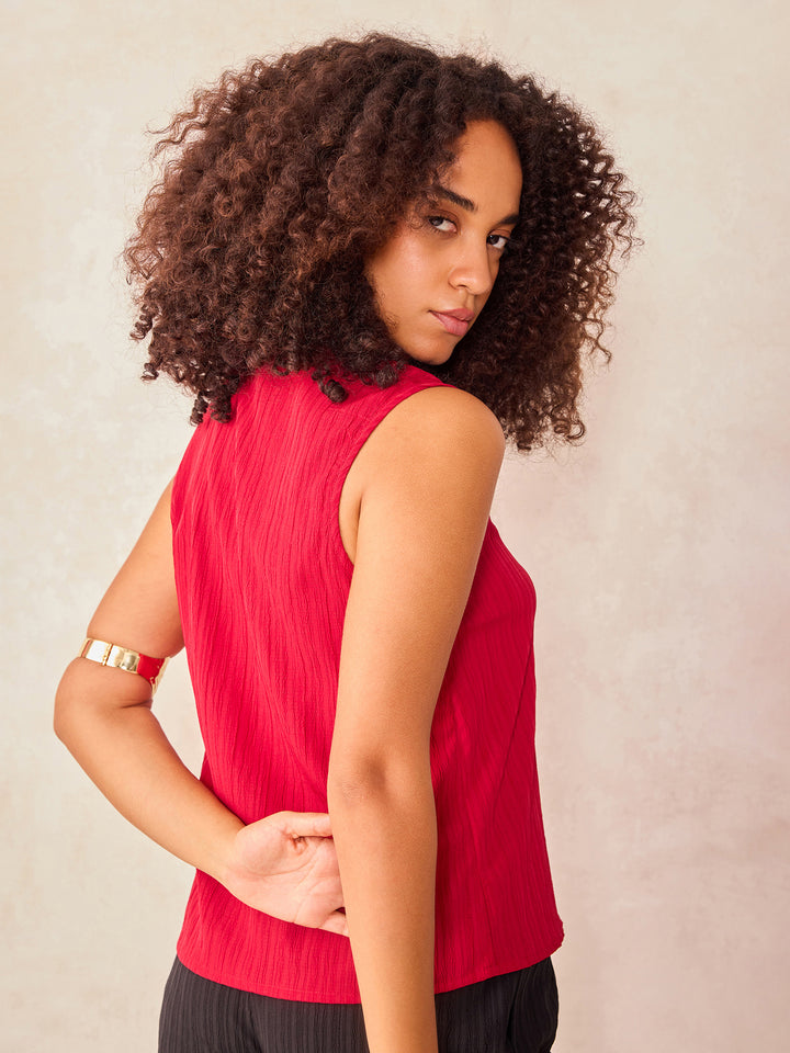 Red Sleeveless Front Buttoned Shirt