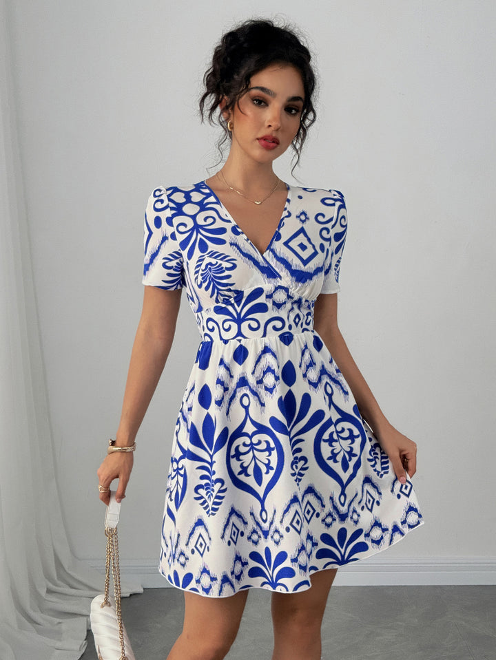 Blue V-Neck Waist Fit Dress