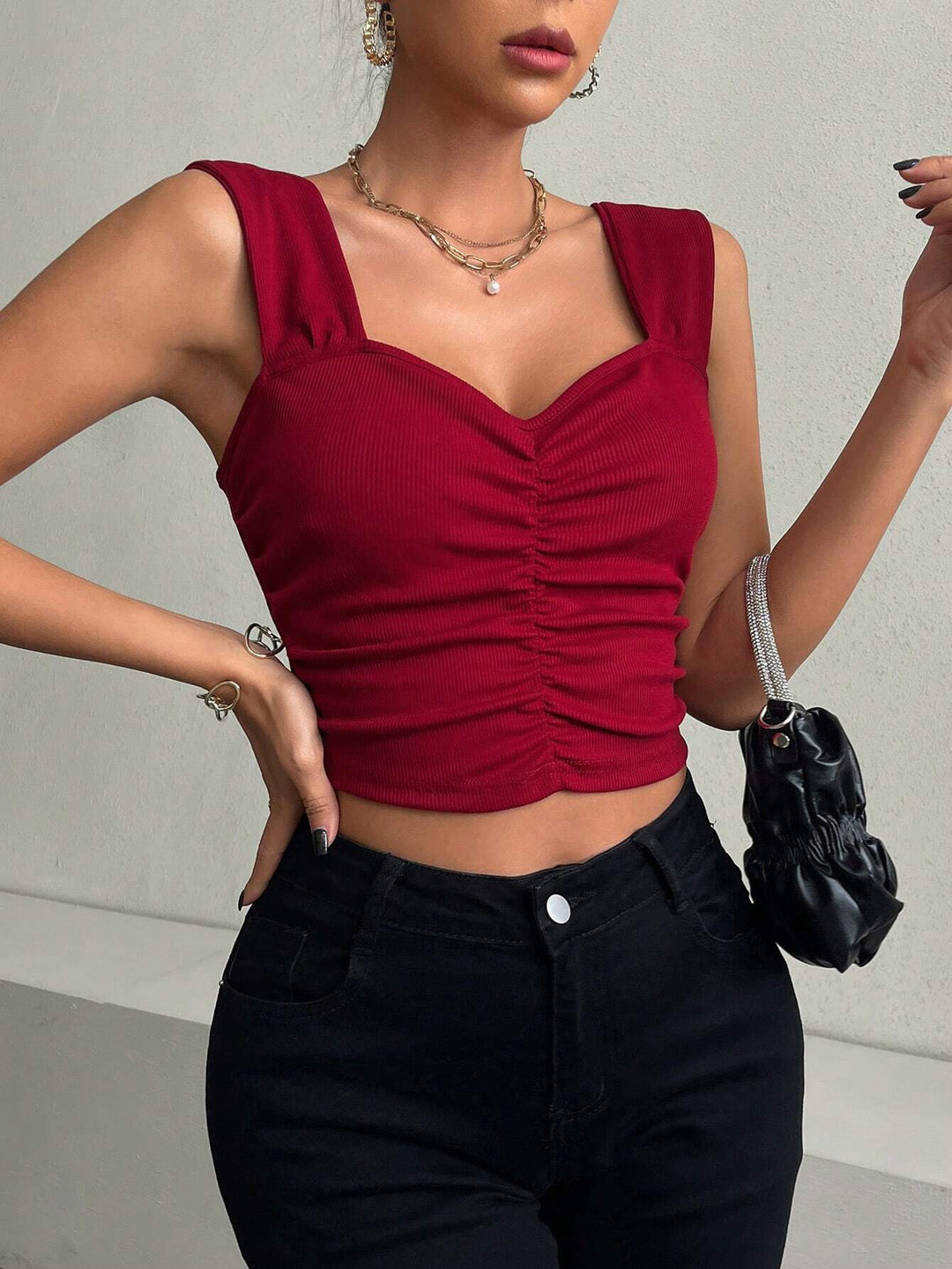 Red Sweetheart Neckline Ruched Top