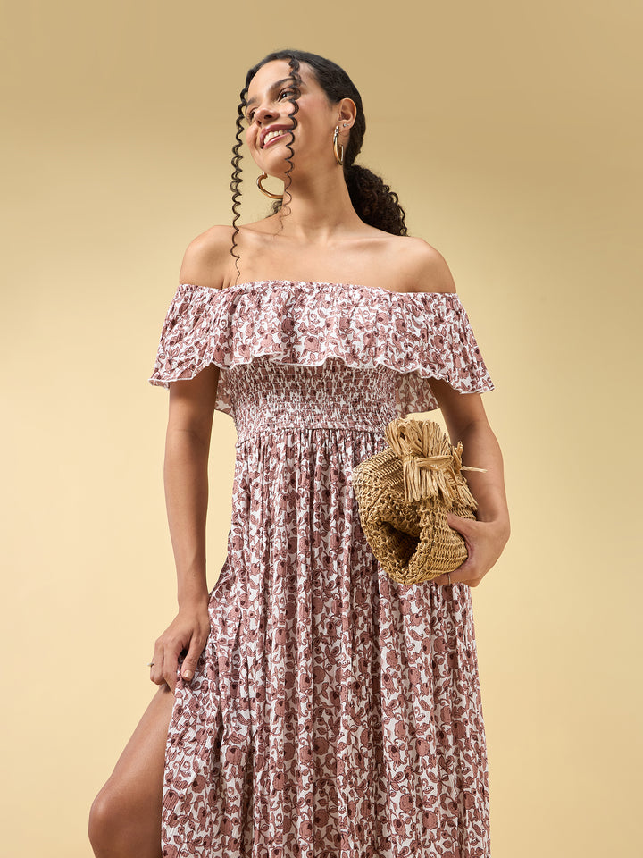 Beige Off Shoulder High Slit Dress