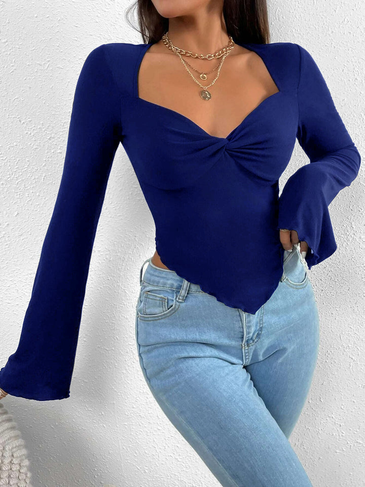 Blue Bell Sleeve Asymmetrical Hem Top
