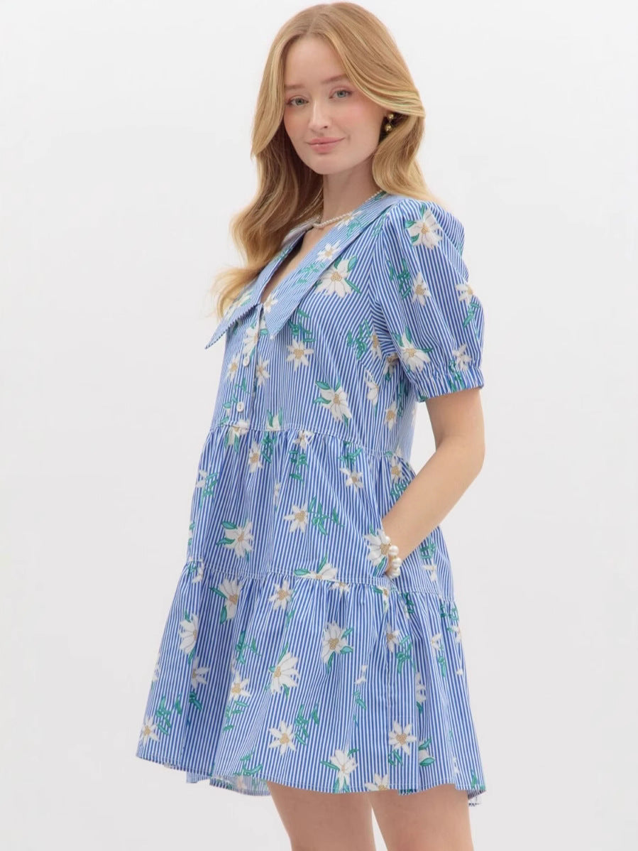 Blue Puff Sleeve Big Collared Dress