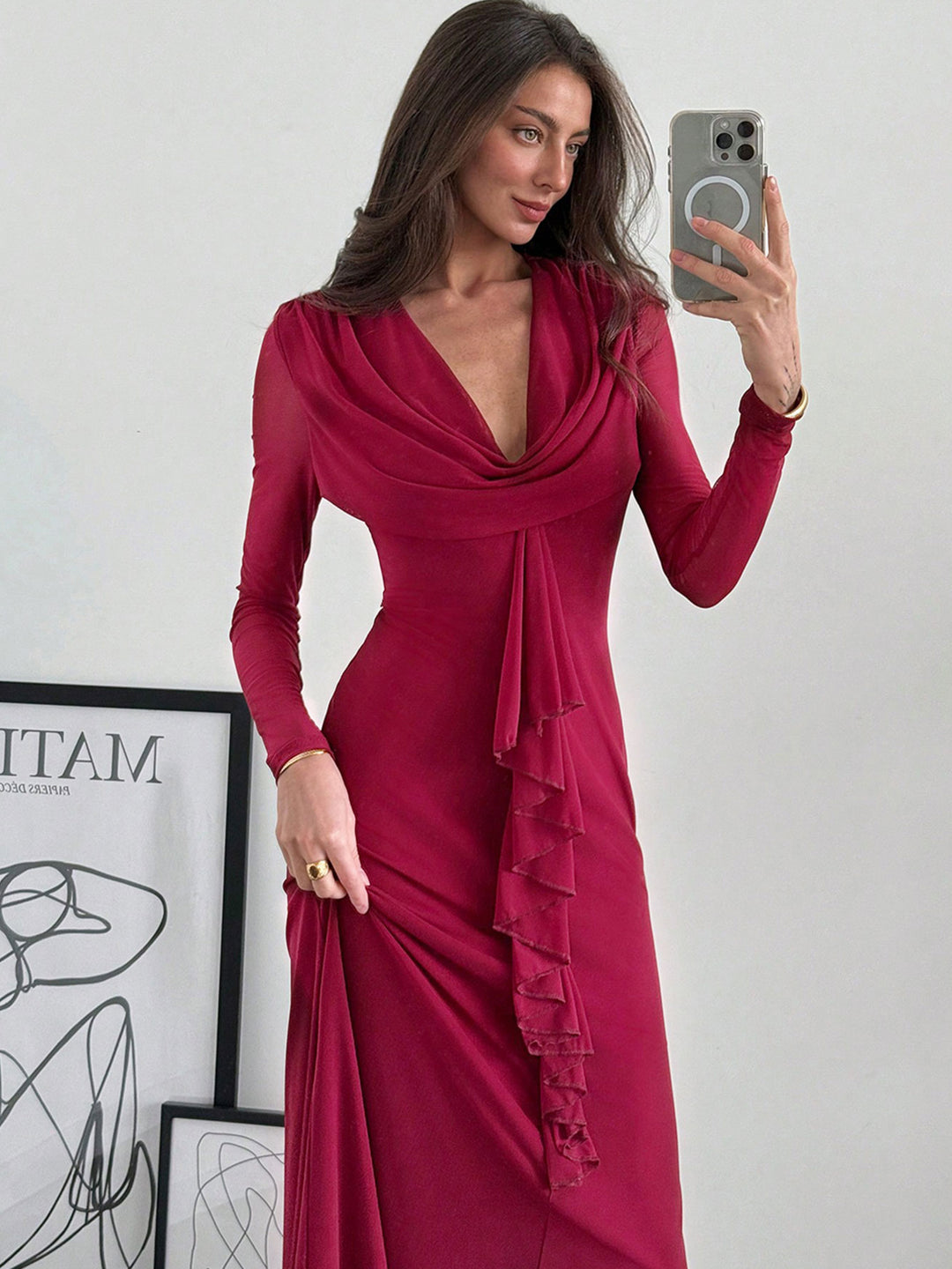 Maroon Full sleeve front ruffle v neck dress