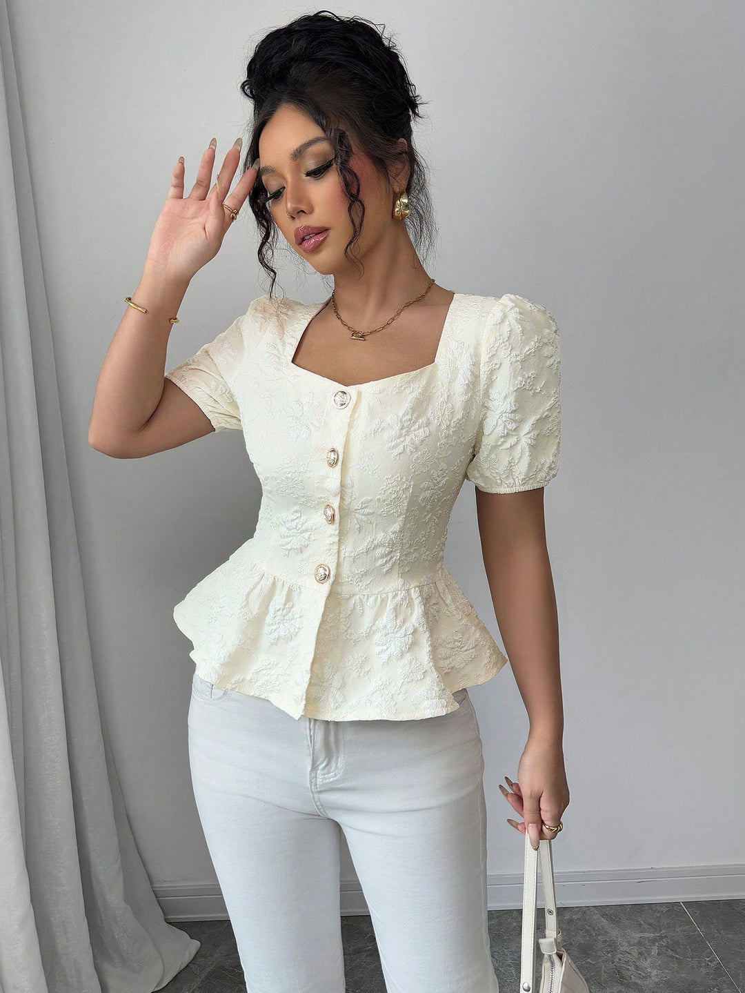 White Puff Sleeve Front Buttoned Top