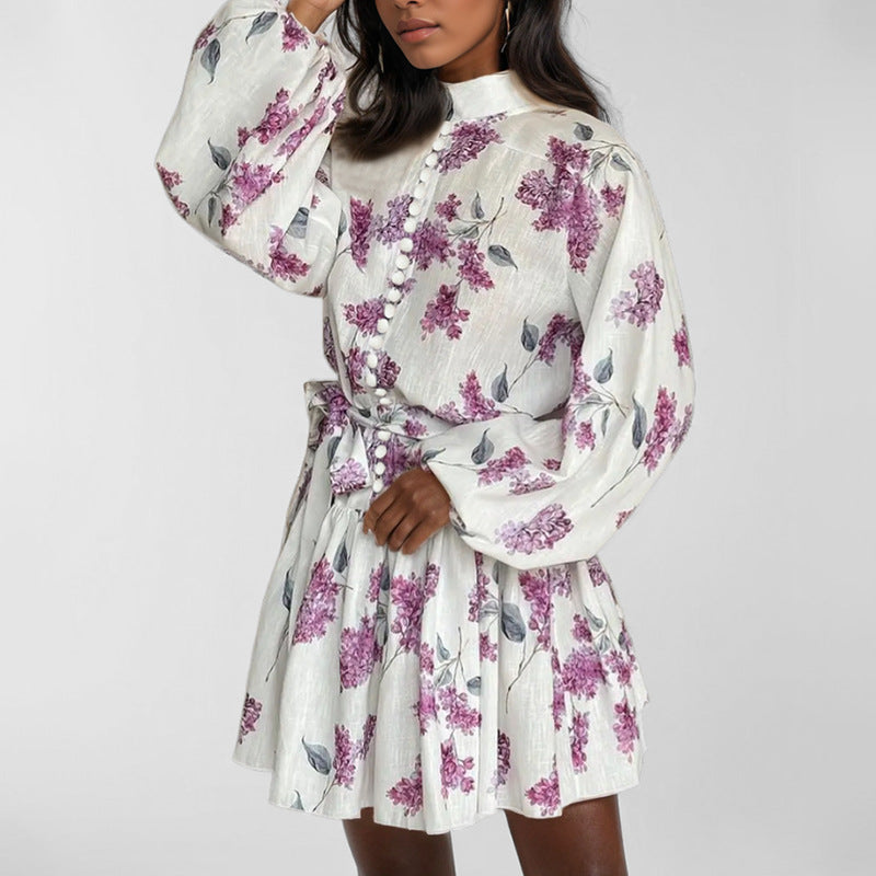 Purple Printed Balloon Sleeve Skater Dress