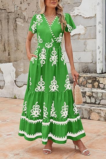 Green Wrap Neck Contrast Coloured Printed Dress