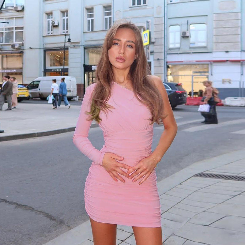 Pink One-shoulder fitted solid basic dress
