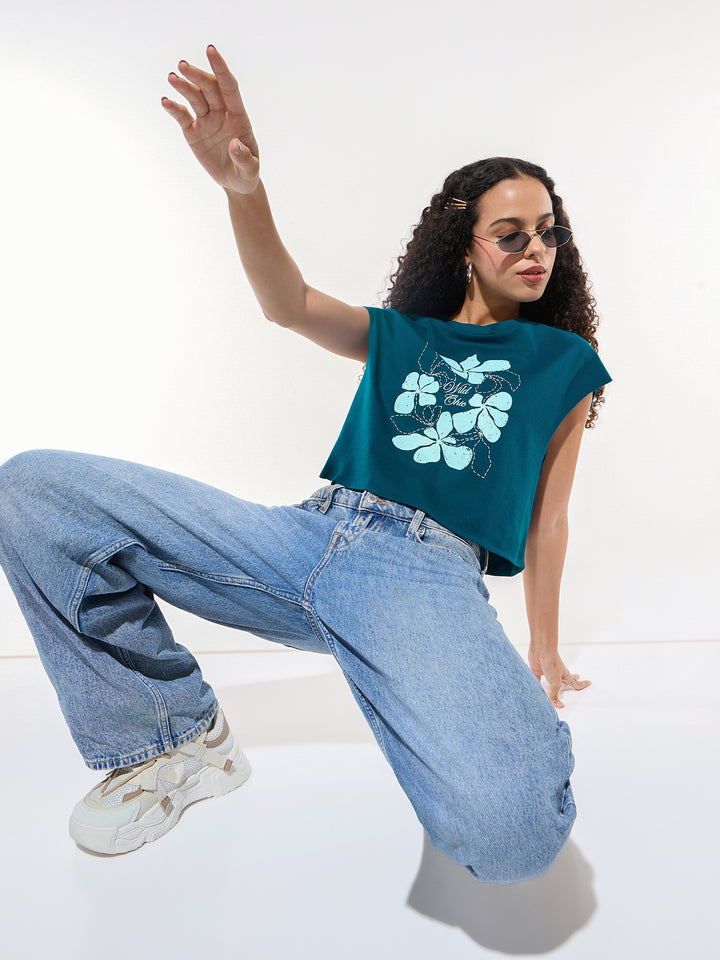 Teal Sleeveless Crop Boxy Printed Tees