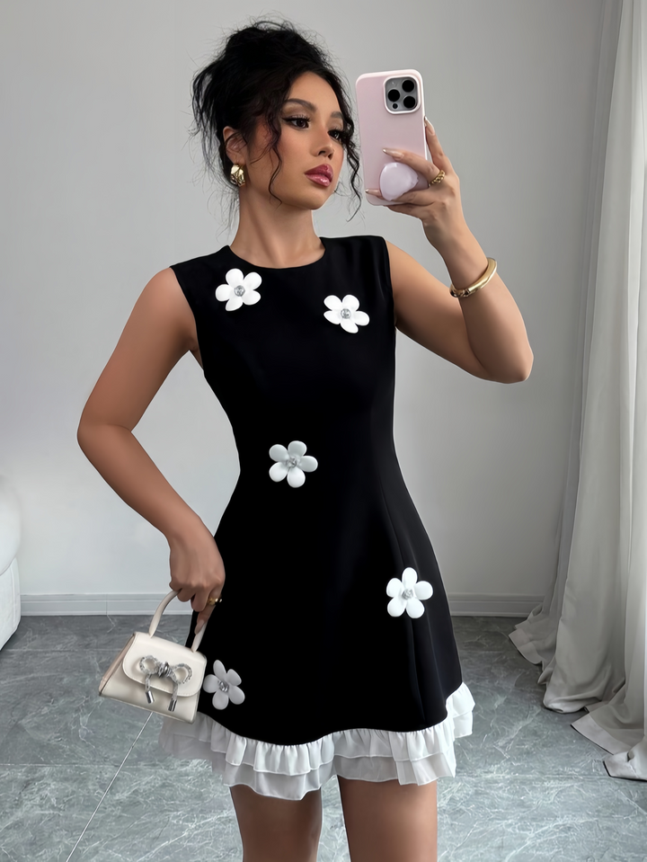 Black Crew Neck Ruffle Dress
