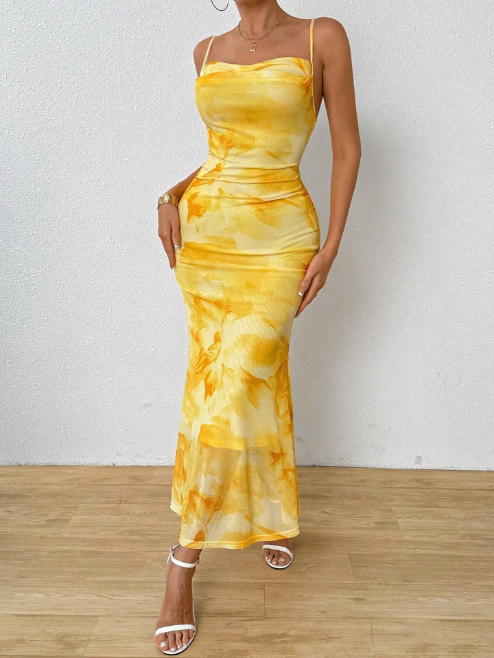 Yellow Printed Shoulder Strap Dress