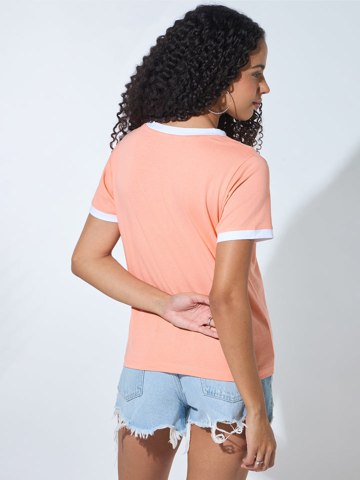 Peach Graphic Printed Contrast Hem T-Shirt