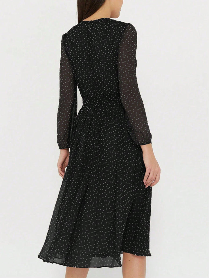 Black Printed High Neck Midi Dress