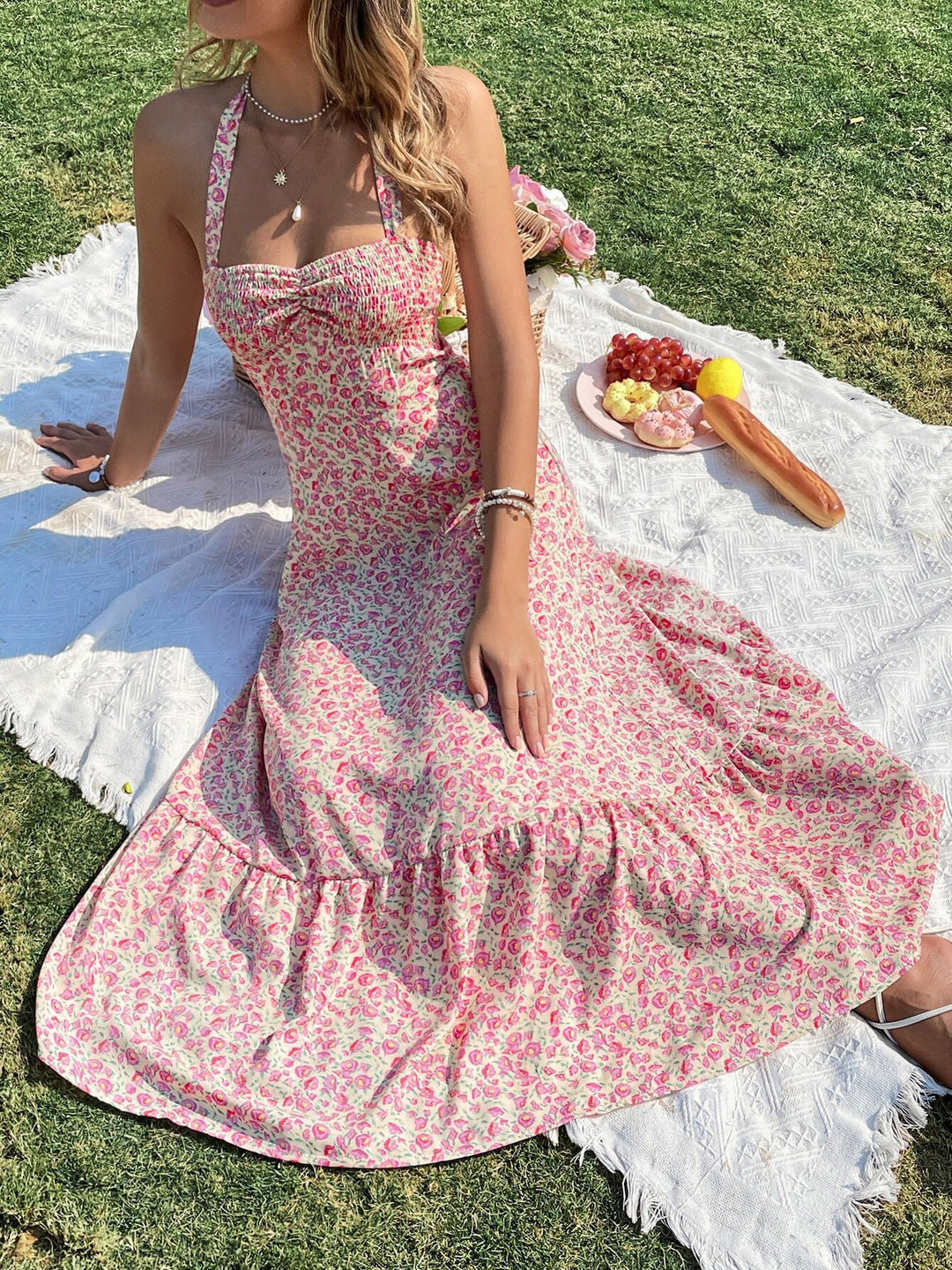 Pink Halter Neck Printed Dress