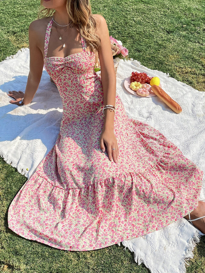 Pink Halter Neck Printed Dress