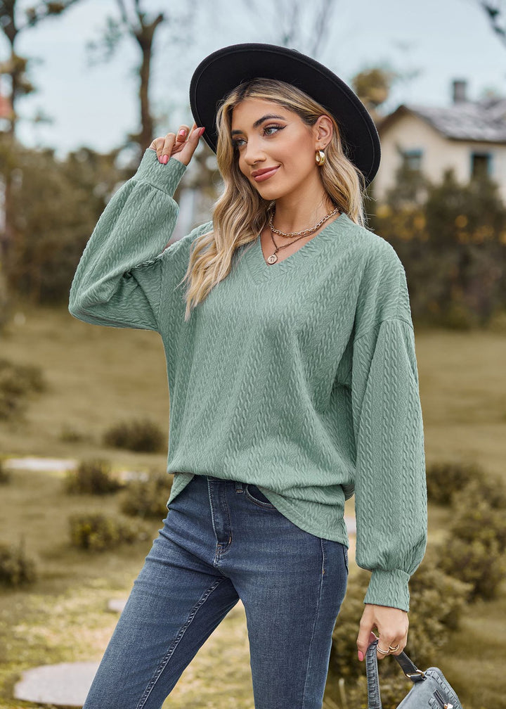 Sea Green Bishop Sleeve V Neck Sweatshirt