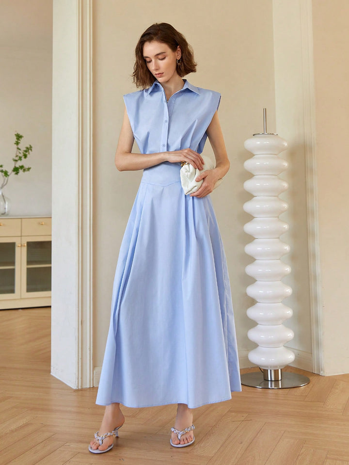 Blue Front Button Shirt Style Sleeveless Dress