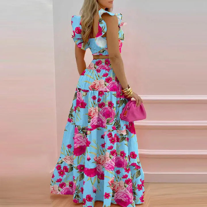 Blue Ruffle Sleeves Tiered Flared Skirt Co-Ord Set