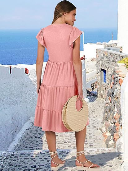 Pink High V Neck Tiered Dress With Pockets