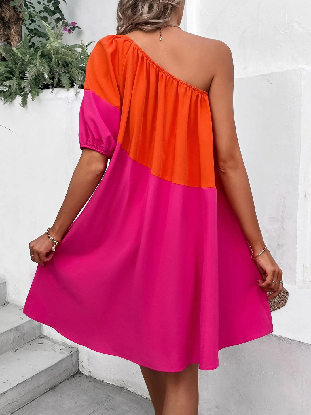 Multi Dual Toned One Shoulder Shift Dress