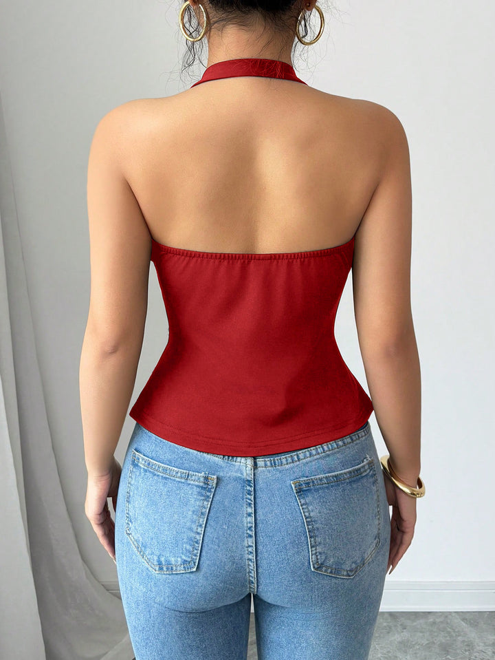Red Halter Neck Asymmetrical Top