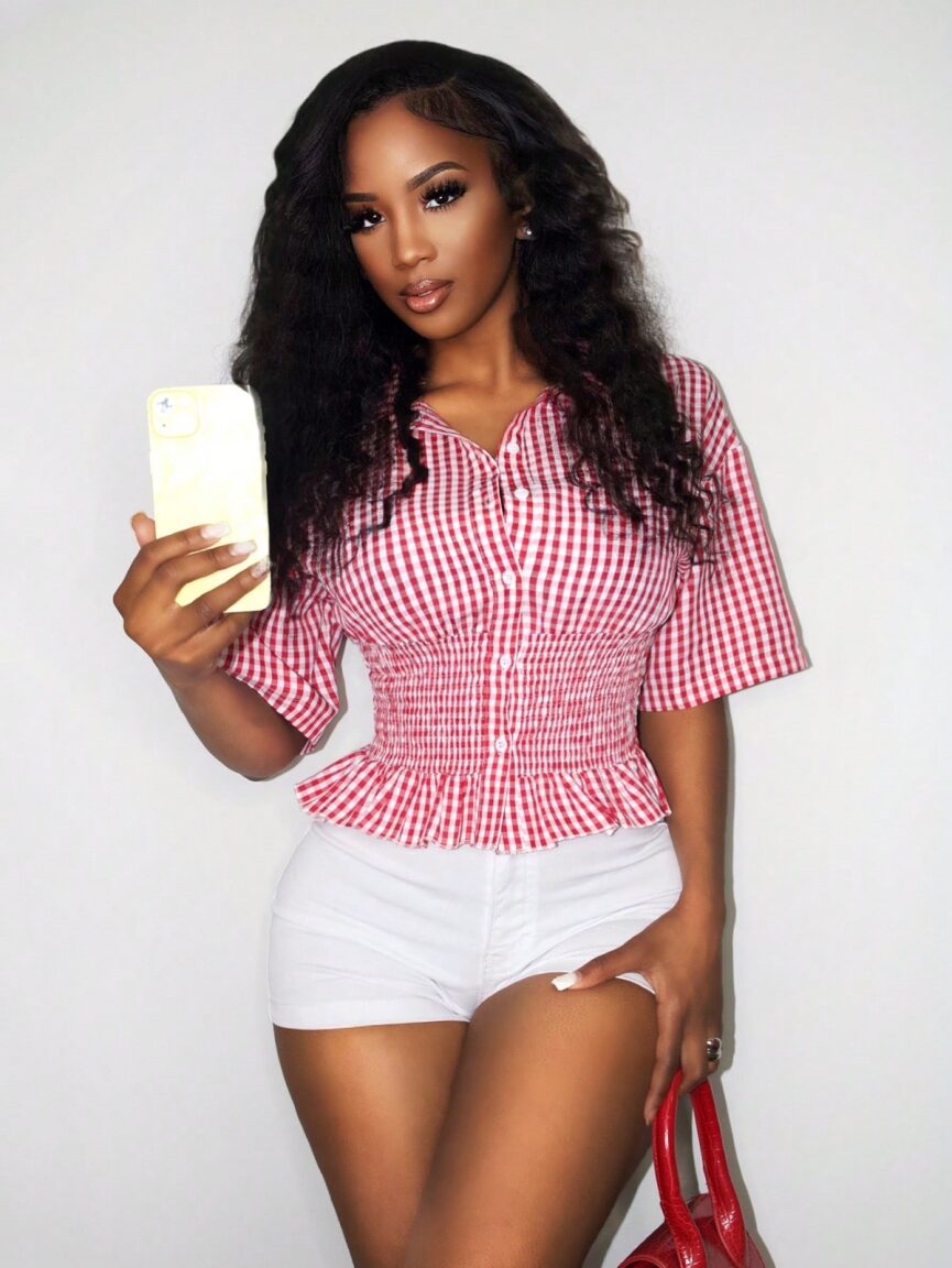 Red Short Sleeve Waist Fitted Ruffle Hem Check Top