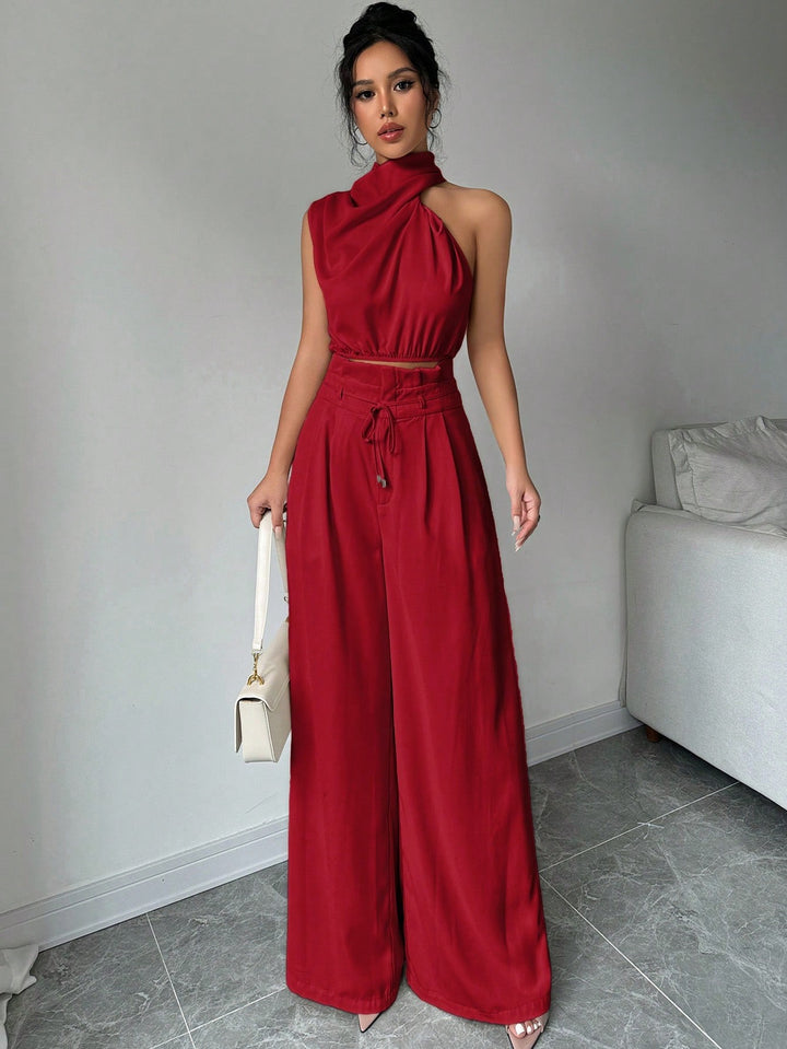 Red Asymmetrical High Neck Top with Wide Straight Pant Co-Ord Set