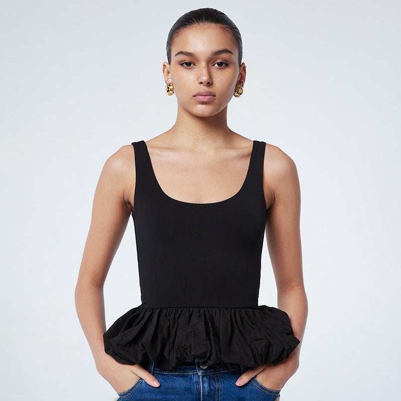 Black Scoop Neck Bubble Hem Top