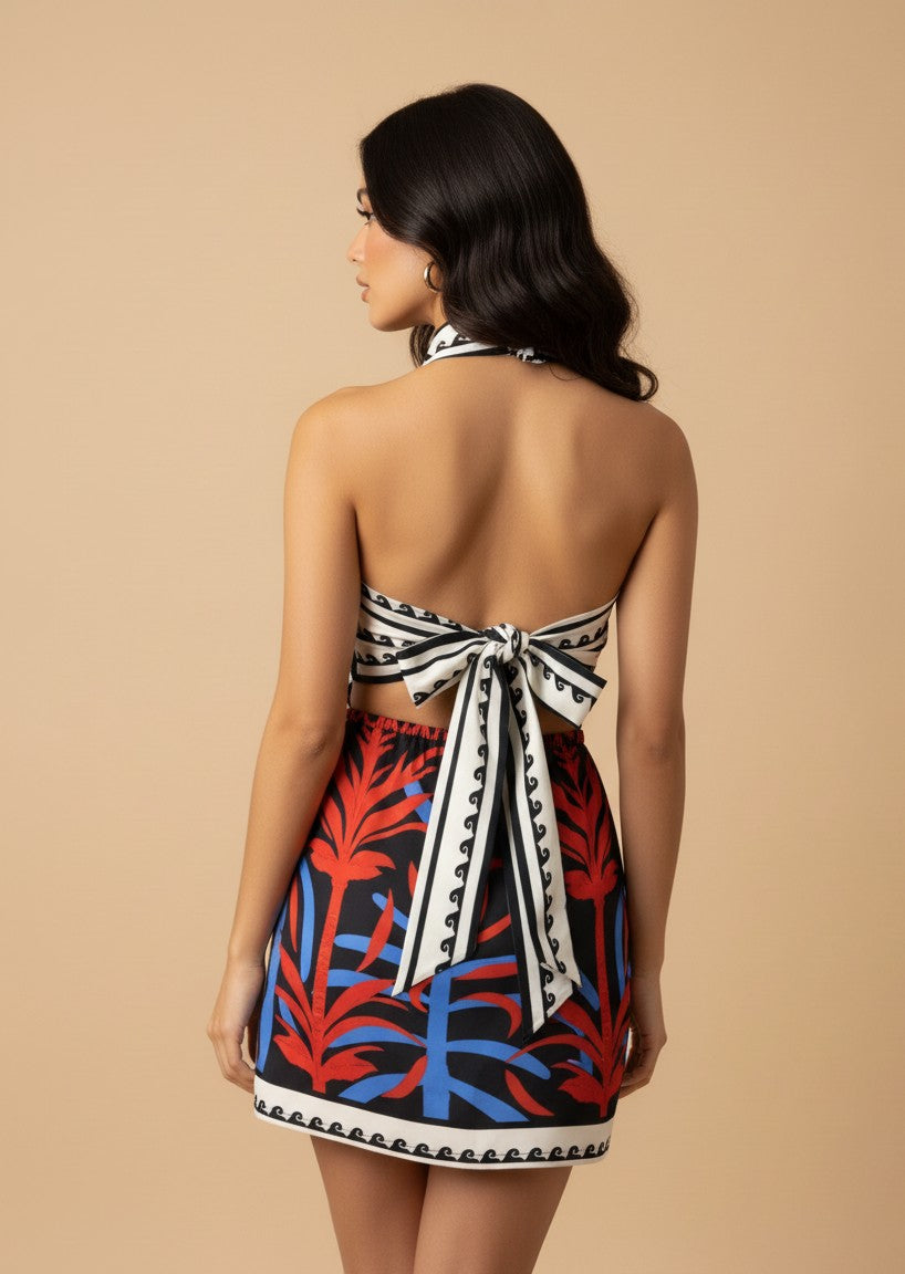 Black Printed Halter Neck Dress