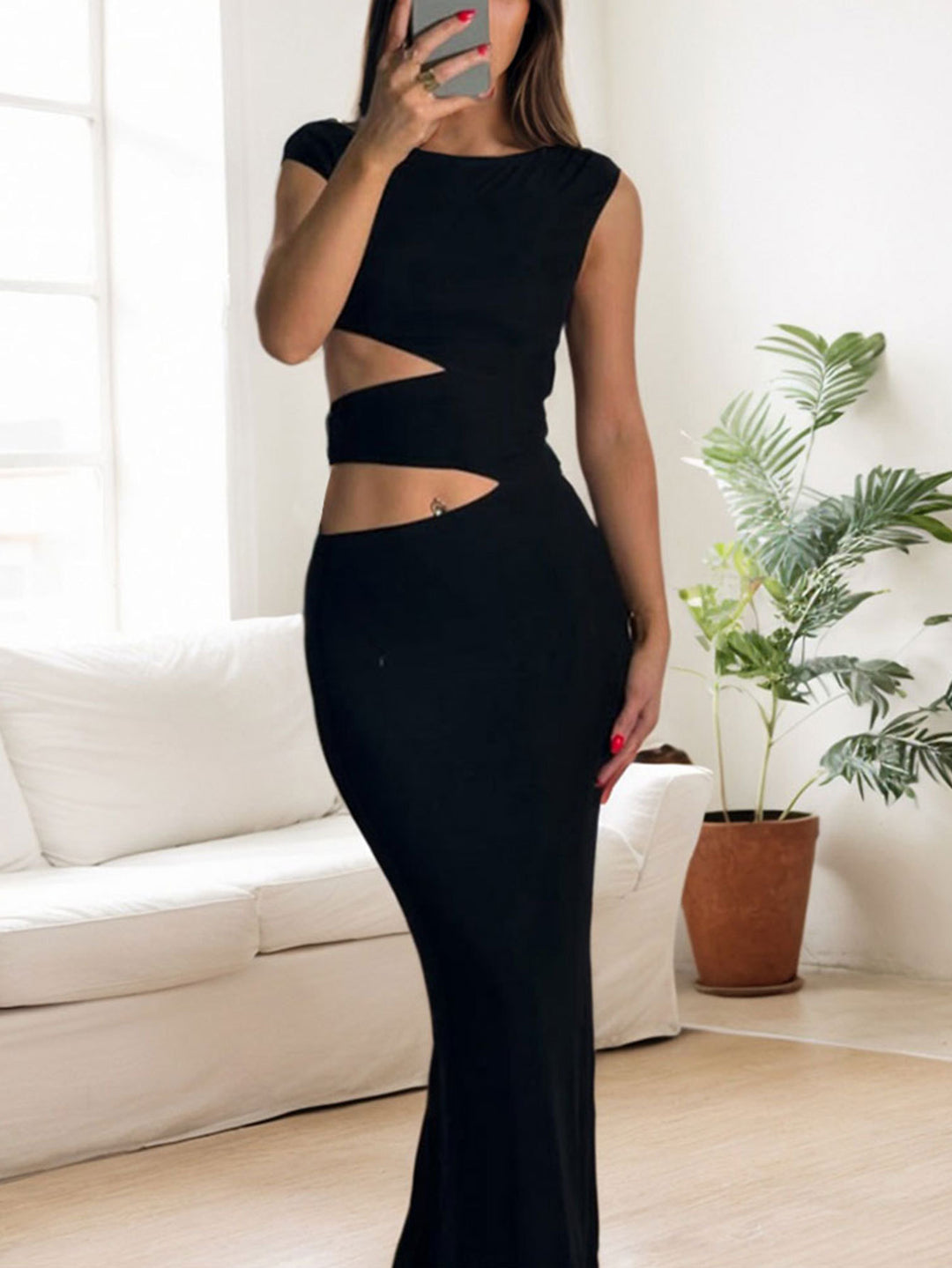 Black Cap Sleeve Waist Cut-Out Detail Dress