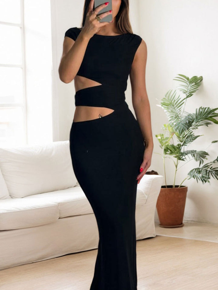 Black Cap Sleeve Waist Cut-Out Detail Dress