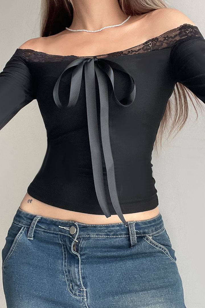 Black Lace Insert Bardot Top
