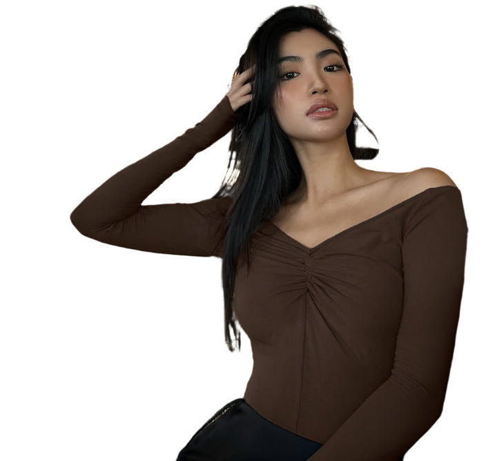 Brown Off-Shoulder Ruched Neck Top