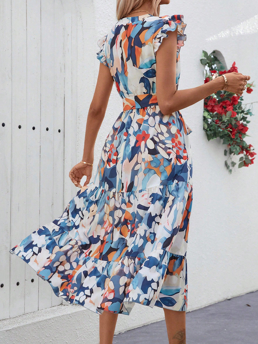 Multi Printed Cap Sleeved Dress