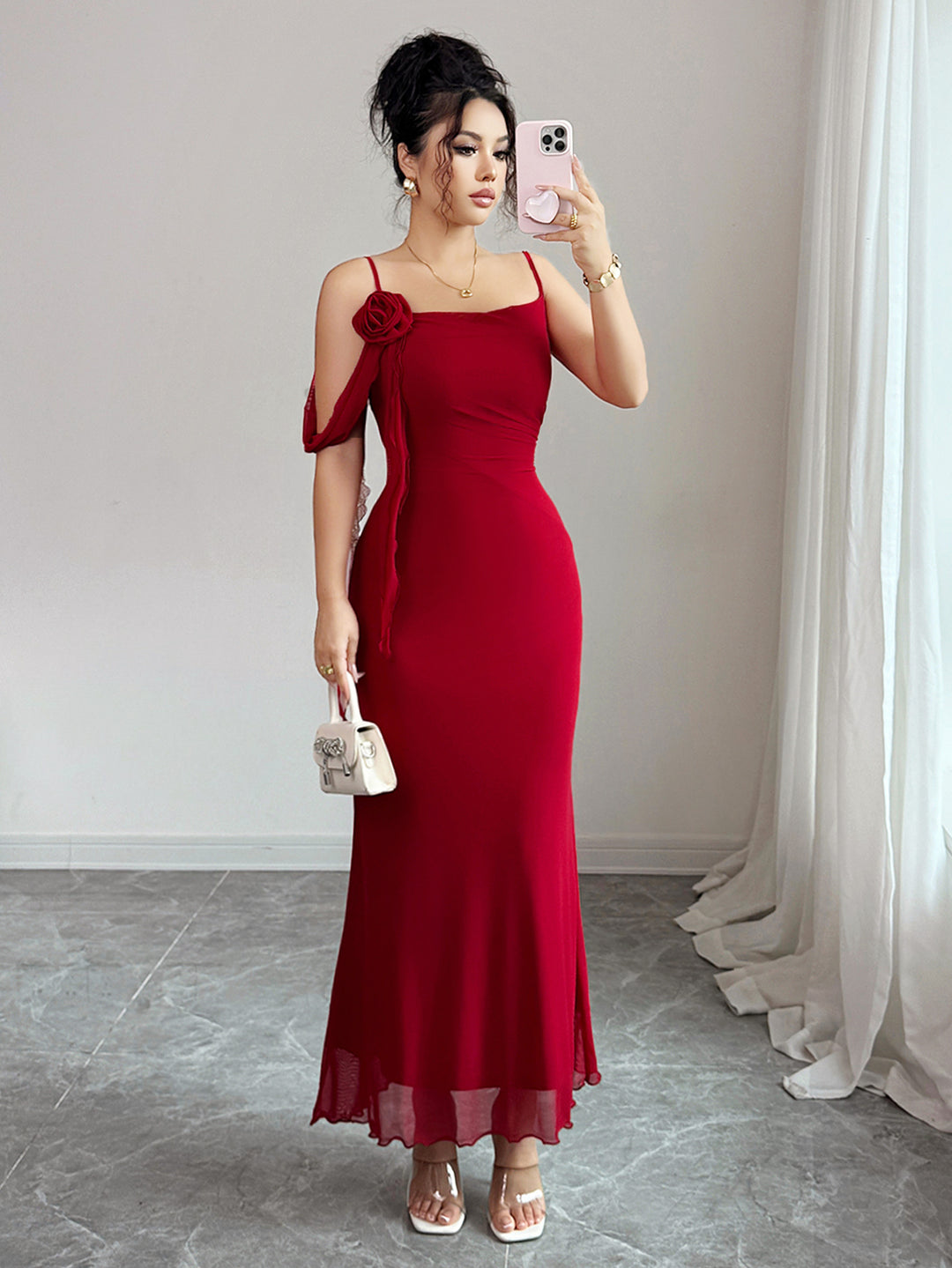 Red Spaghetti Strap Flower Detail Dress