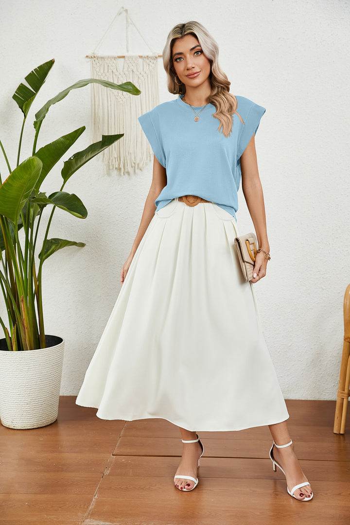 Blue Short Sleeves Round Neck Top