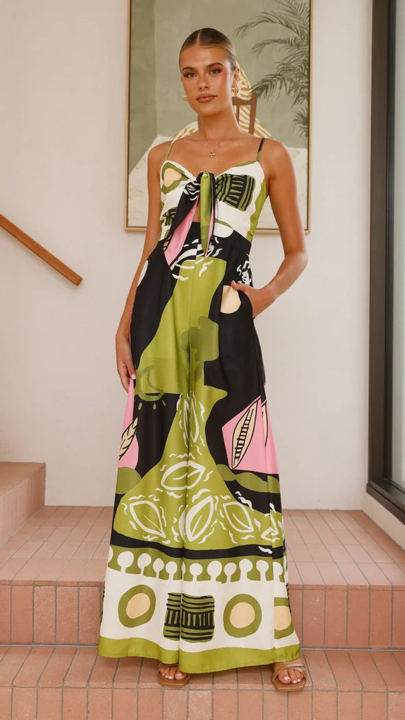 Olive Abstract Printed Spaghetti Strap Front Knot Dress