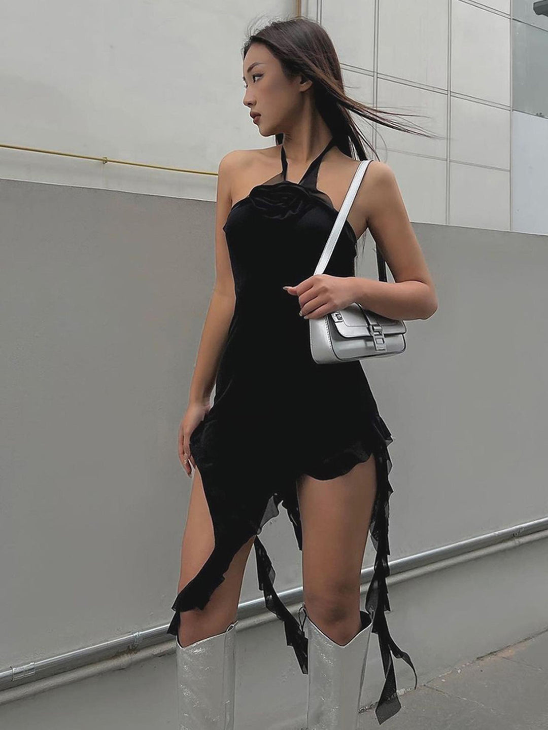 Black Tie Neck Mini Bodycon Dress